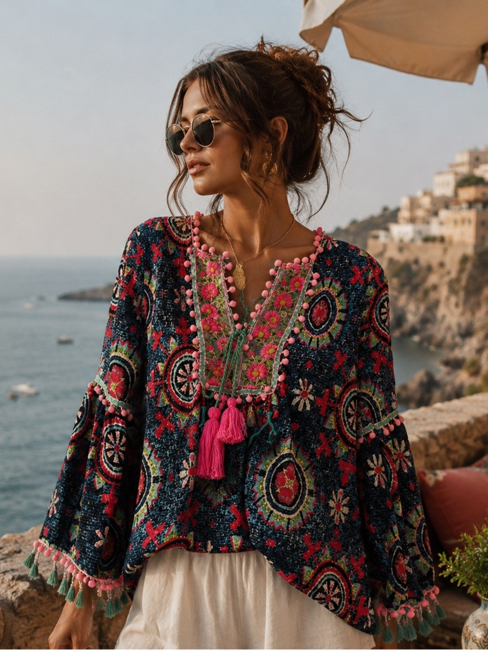 Antica Sartoria by Giacomo Cinque Embroidered Floral Lace Pom Tassel Blouse